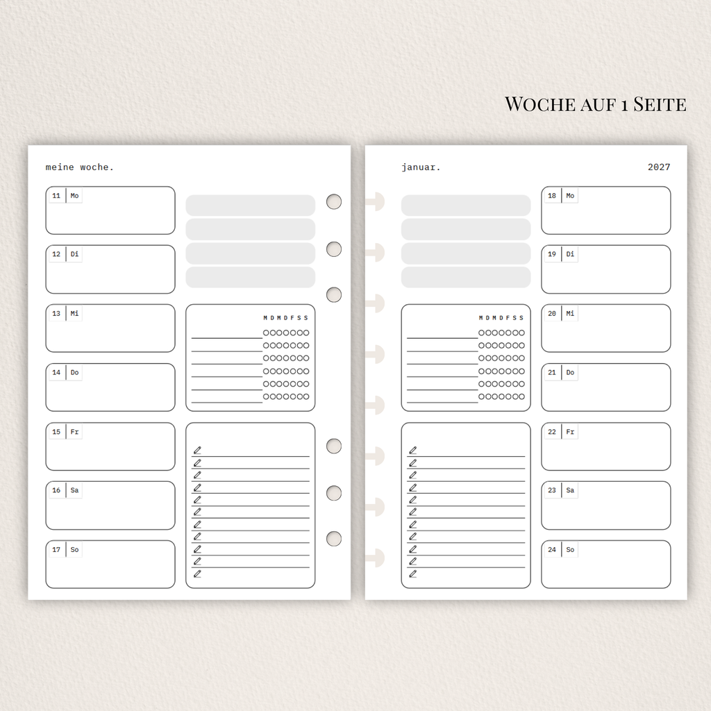 Zwei nebeneinanderliegende Planer-Einlagenseiten im minimalistischen Grau-Beige-Design mit der Überschrift WOCHE AUF 1 SEITE. Links eine Wochenübersicht ‘meine woche.’ mit Boxen für Mo–So und kleinen Datumsfeldern; rechts die Fortsetzung derselben Woche mit Boxen für Mo–So und dem Monatskopf ‘januar’ sowie Jahreszahl ‘2027’. In beiden Seiten gibt es zusätzlich neutrale Platzhalterfelder, einen kleinen Habit-Tracker mit Kreisen und einen linierten Notiz-/To-do-Bereich. Am Rand sind Lochungen/Discs-Markierung