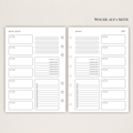 Zwei nebeneinanderliegende Planer-Einlagenseiten im minimalistischen Grau-Beige-Design mit der Überschrift WOCHE AUF 1 SEITE. Links eine Wochenübersicht ‘meine woche.’ mit Boxen für Mo–So und kleinen Datumsfeldern; rechts die Fortsetzung derselben Woche mit Boxen für Mo–So und dem Monatskopf ‘januar’ sowie Jahreszahl ‘2027’. In beiden Seiten gibt es zusätzlich neutrale Platzhalterfelder, einen kleinen Habit-Tracker mit Kreisen und einen linierten Notiz-/To-do-Bereich. Am Rand sind Lochungen/Discs-Markierung