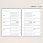 Zwei nebeneinanderliegende Planer-Einlagenseiten im minimalistischen Grau-Beige-Design mit der Überschrift WOCHE AUF 1 SEITE. Links eine Wochenübersicht ‘meine woche.’ mit Boxen für Mo–So und kleinen Datumsfeldern; rechts die Fortsetzung derselben Woche mit Boxen für Mo–So und dem Monatskopf ‘januar’ sowie Jahreszahl ‘2027’. In beiden Seiten gibt es zusätzlich neutrale Platzhalterfelder, einen kleinen Habit-Tracker mit Kreisen und einen linierten Notiz-/To-do-Bereich. Am Rand sind Lochungen/Discs-Markierung
