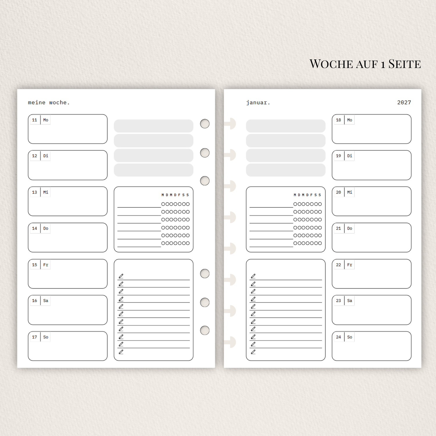 Zwei nebeneinanderliegende Planer-Einlagenseiten im minimalistischen Grau-Beige-Design mit der Überschrift WOCHE AUF 1 SEITE. Links eine Wochenübersicht ‘meine woche.’ mit Boxen für Mo–So und kleinen Datumsfeldern; rechts die Fortsetzung derselben Woche mit Boxen für Mo–So und dem Monatskopf ‘januar’ sowie Jahreszahl ‘2027’. In beiden Seiten gibt es zusätzlich neutrale Platzhalterfelder, einen kleinen Habit-Tracker mit Kreisen und einen linierten Notiz-/To-do-Bereich. Am Rand sind Lochungen/Discs-Markierung