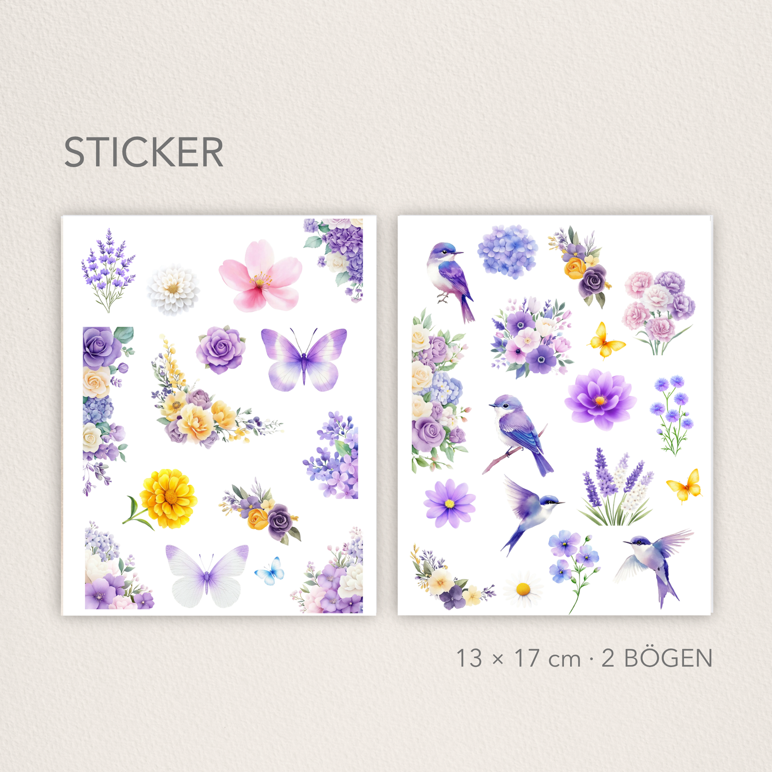 Florale Sticker mit Lila Birds