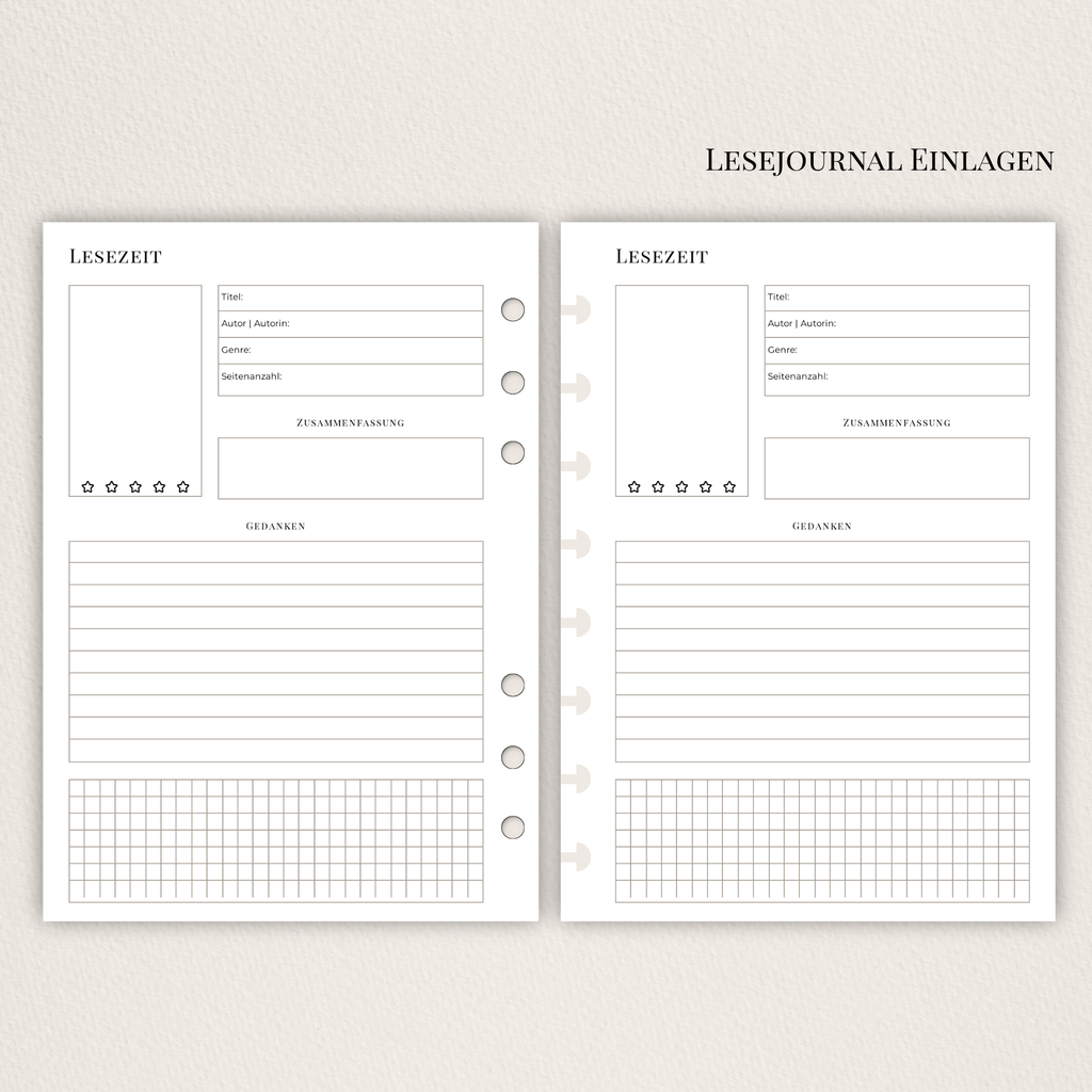 Minimalistische Lesejournal Einlagen Ersatzblätter
