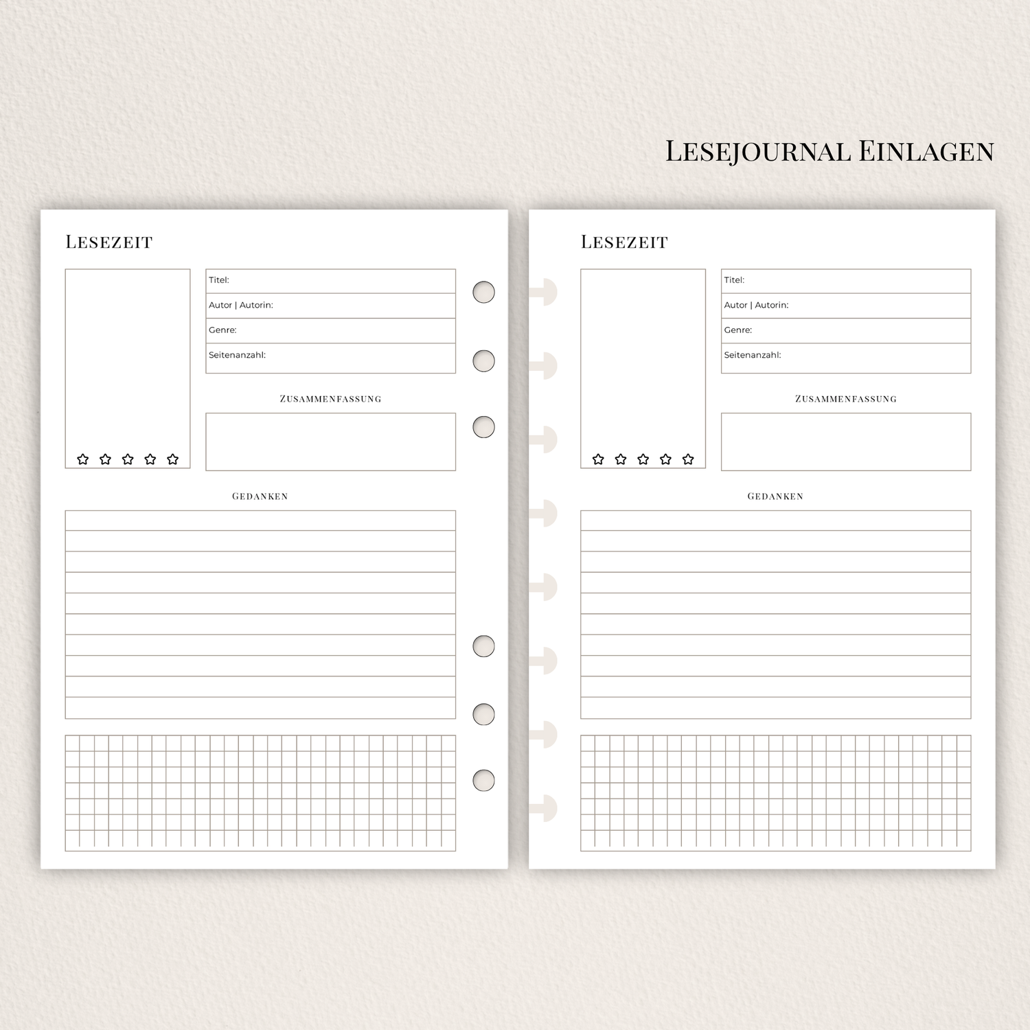 Minimalistische Lesejournal Einlagen Ersatzblätter