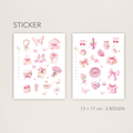 Zwei Stickerbögen im Format 13 × 17 cm mit romantischen pastellrosa Motiven (Schleifen, Parfumflakon, Geschenkboxen, Cupcake, Erdbeere, Kirschen, Blumen und Schmetterlinge) auf weißem Hintergrund