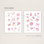 Zwei Stickerbögen im Format 13 × 17 cm mit romantischen pastellrosa Motiven (Schleifen, Parfumflakon, Geschenkboxen, Cupcake, Erdbeere, Kirschen, Blumen und Schmetterlinge) auf weißem Hintergrund