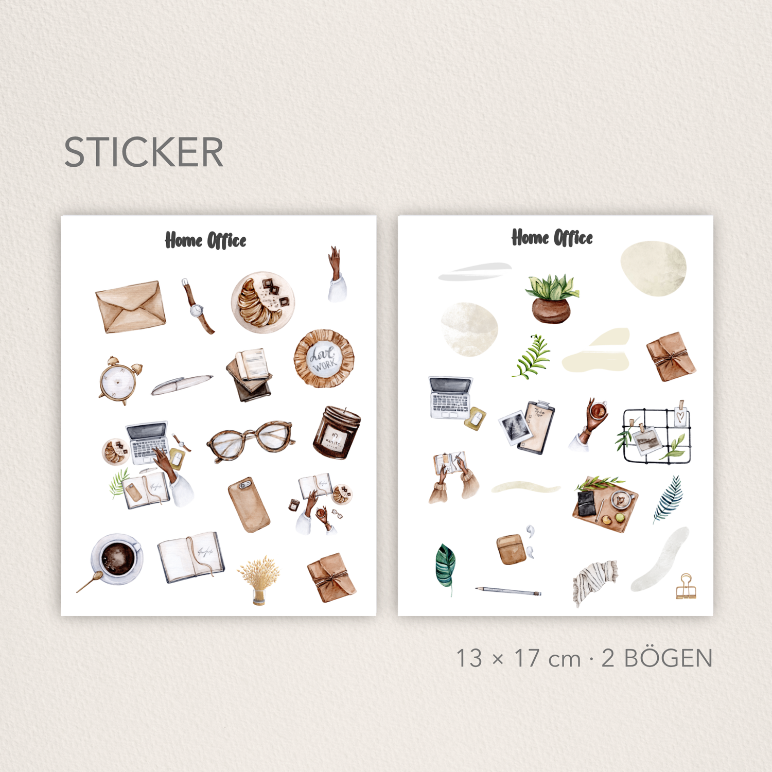 Minimalistische Home Office Sticker mit ästhetischen Aquarell-Illustrationen, ideal für Journaling & kreative Organisation