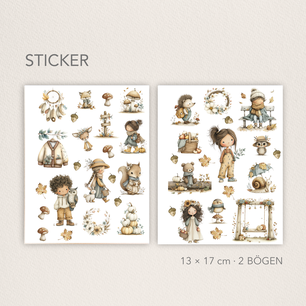 Herbst Sticker Set - Niedliche Waldtiere für Bullet Journal, Planer & Scrapbooking - 2 Bögen