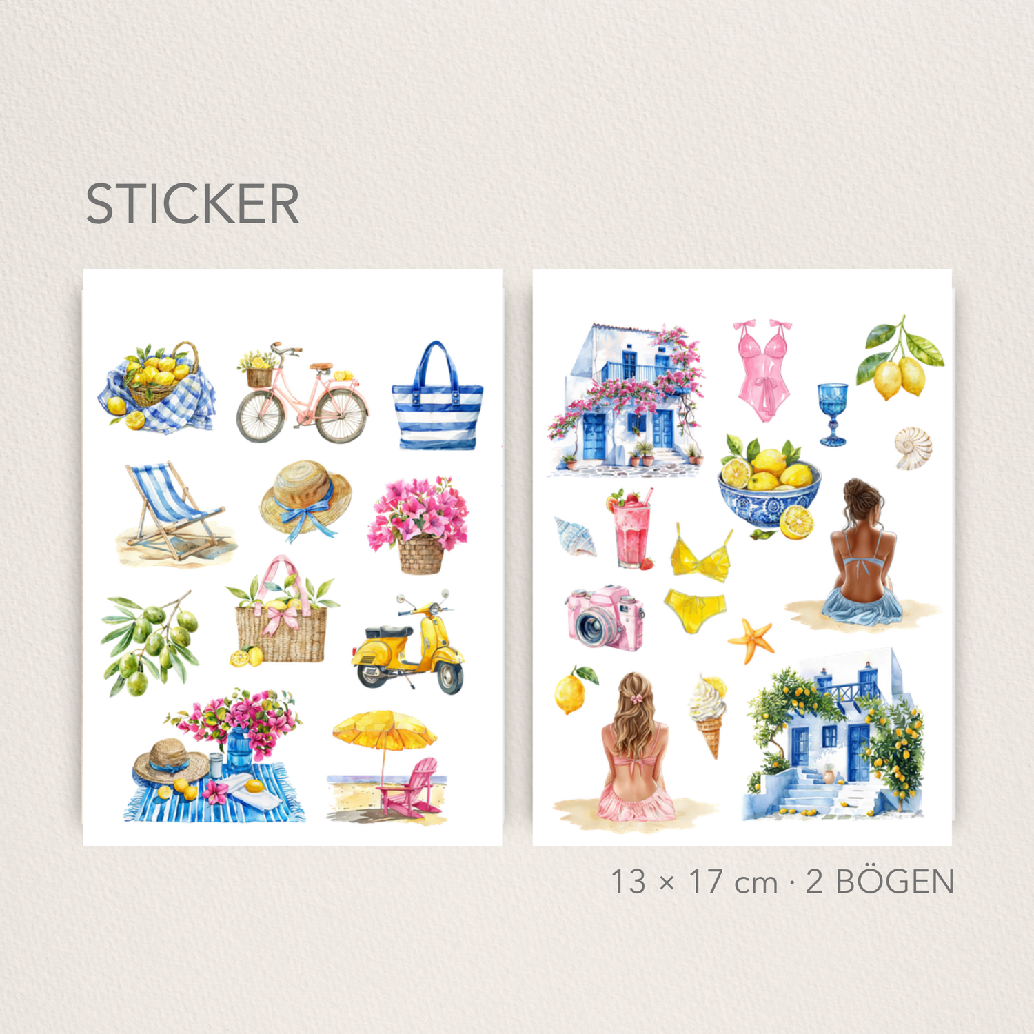 Mediterrane Sommer Stickerbögen – Aquarellmotive Strand, Zitrus, Vespa & mehr – Planer DIY Deko – Transparent | Weiß