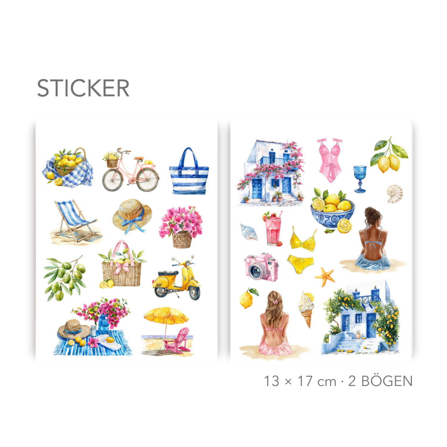 Mediterrane Sommer Stickerbögen – Aquarellmotive Strand, Zitrus, Vespa & mehr – Planer DIY Deko – Transparent | Weiß