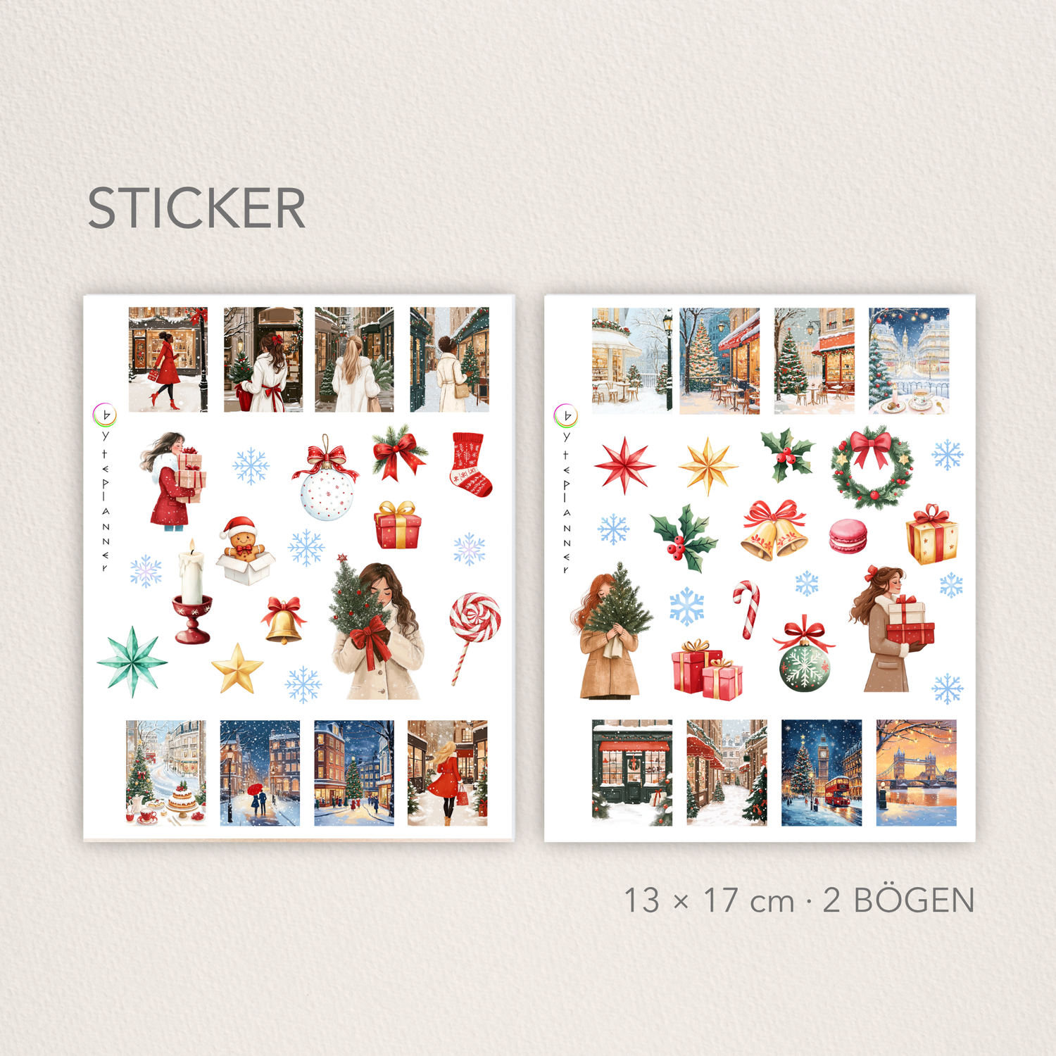 Winterliche Weihnachtssticker Set | Festliche Aufkleber für Planer, Bullet Journal | Schneeflocken, Cafés, Geschenke