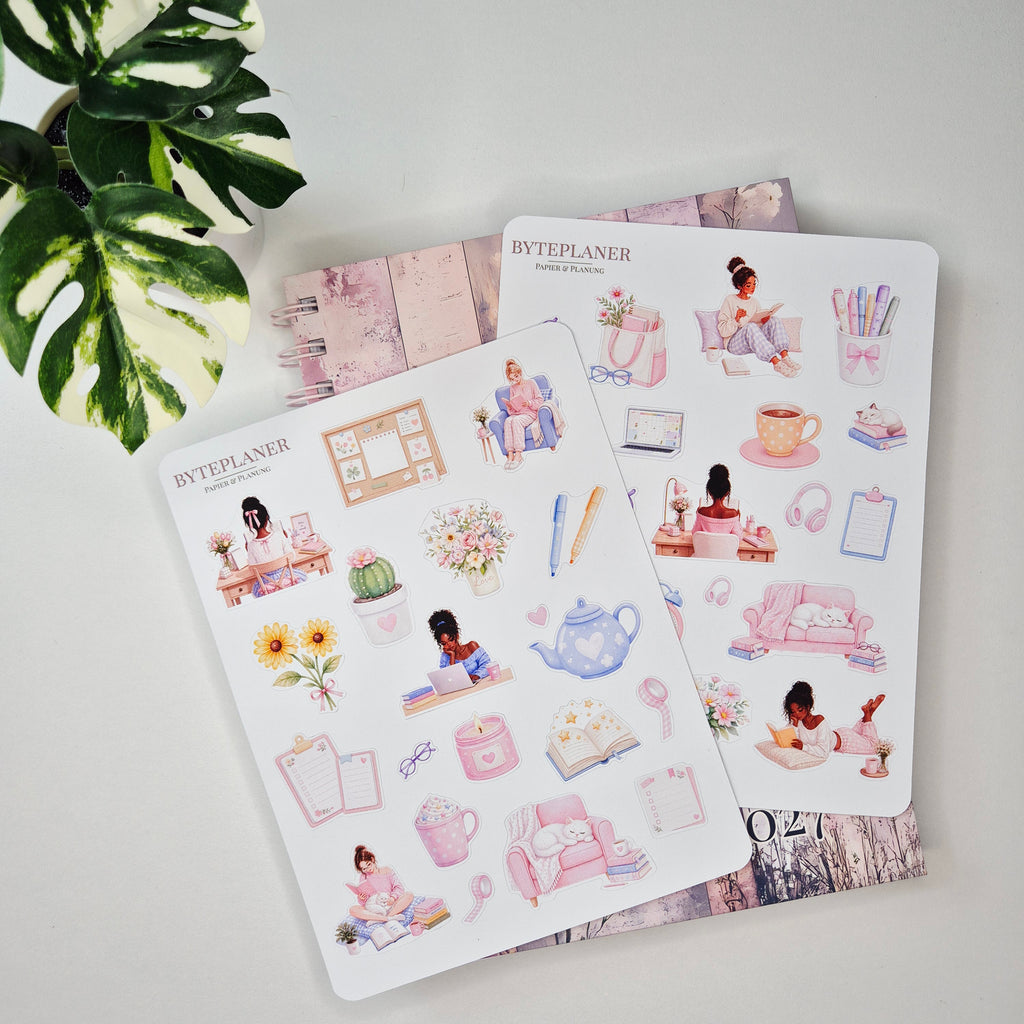 Sticker Buchliebhaber & Cozy Study, Aquarell-Sticker im Pastell-Stil