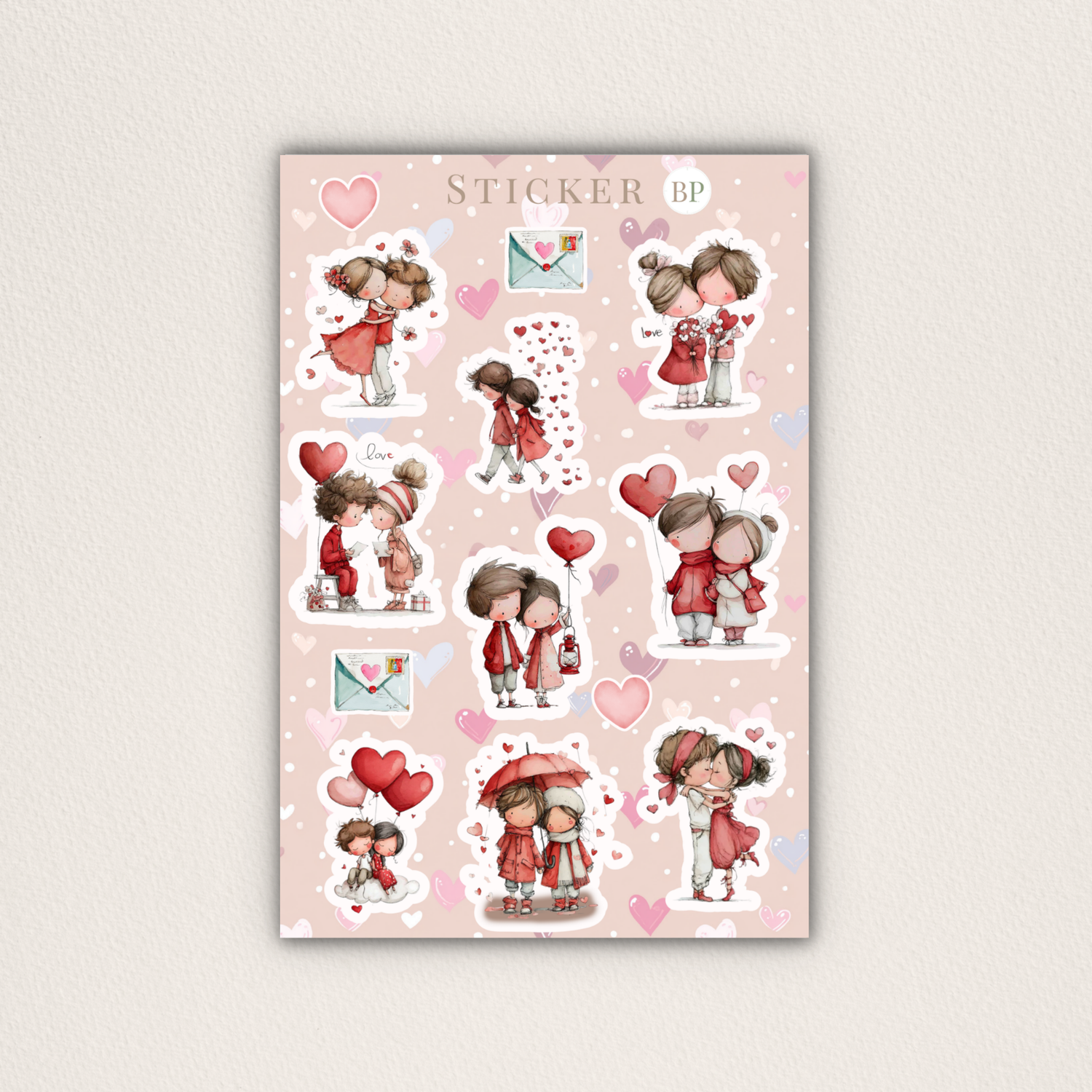 Valentinstag Stickerbogen Aquarell Pärchen und Herzen