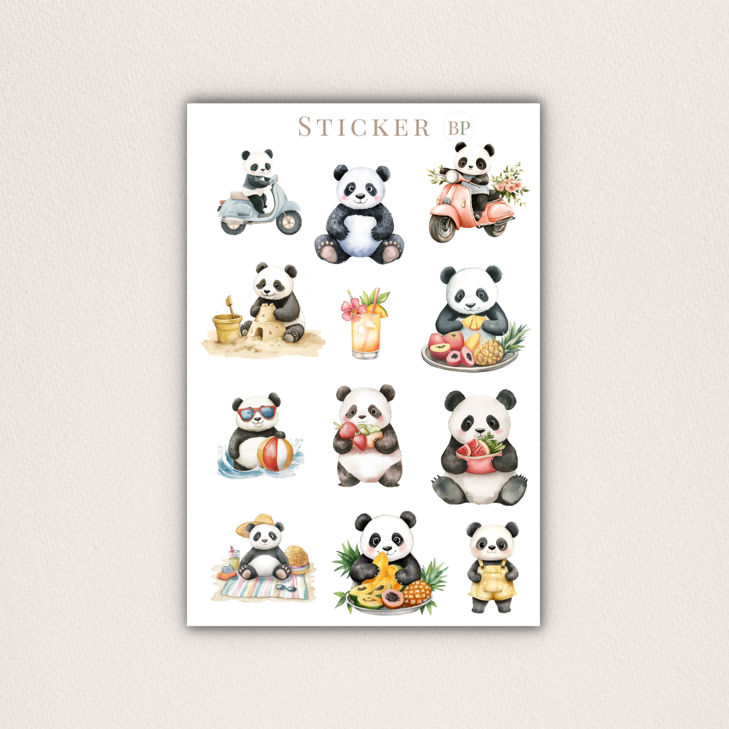 Aquarell-Panda Stickerbogen