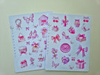 Zwei Stickerbögen im Format 13 × 17 cm mit romantischen pastellrosa Motiven (Schleifen, Parfumflakon, Geschenkboxen, Cupcake, Erdbeere, Kirschen, Blumen und Schmetterlinge) auf weißem Hintergrund