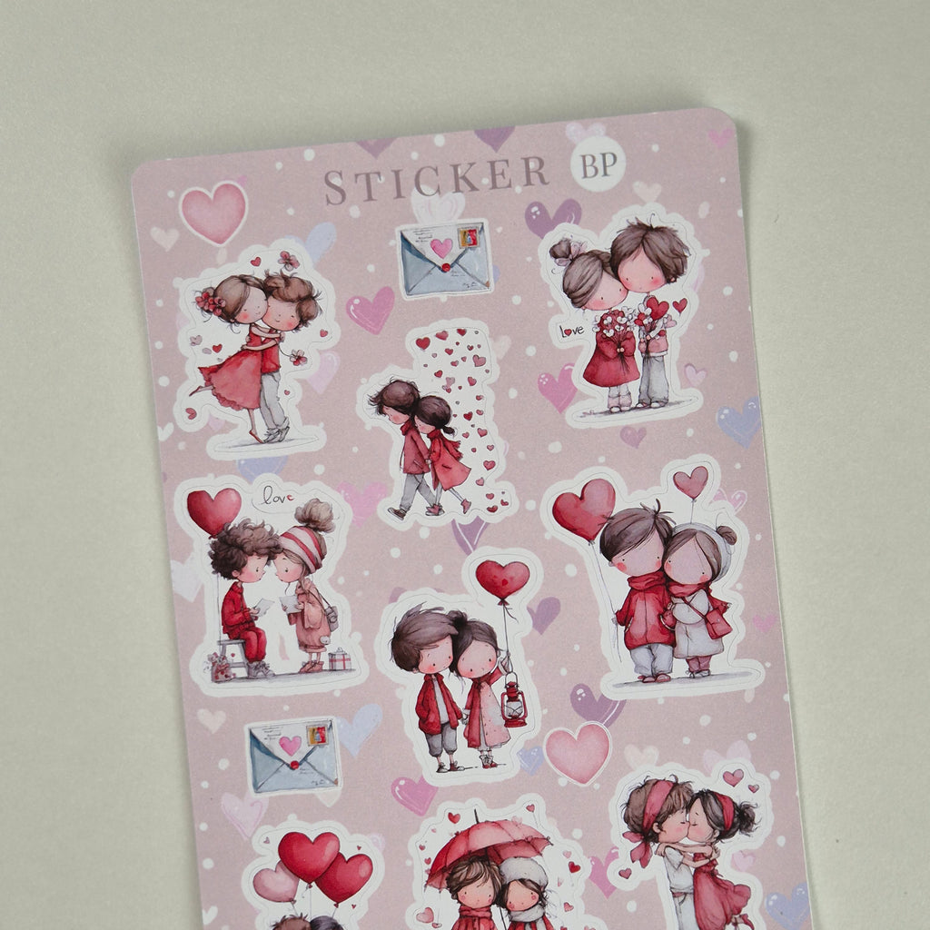 Valentinstag Stickerbogen Aquarell Pärchen und Herzen