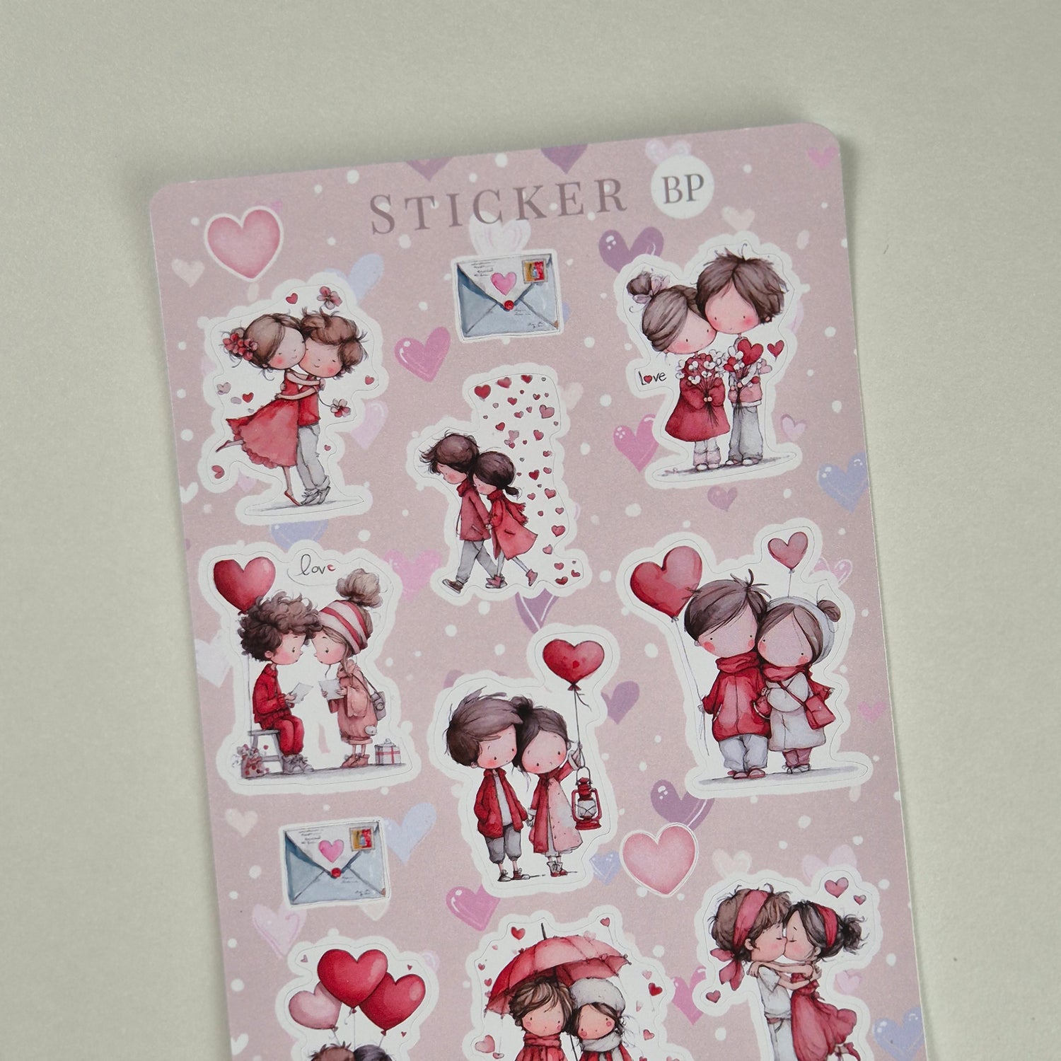 Valentinstag Stickerbogen Aquarell Pärchen und Herzen