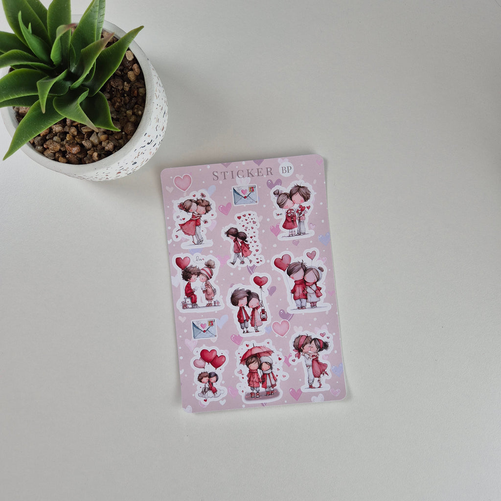 Valentinstag Stickerbogen Aquarell Pärchen und Herzen