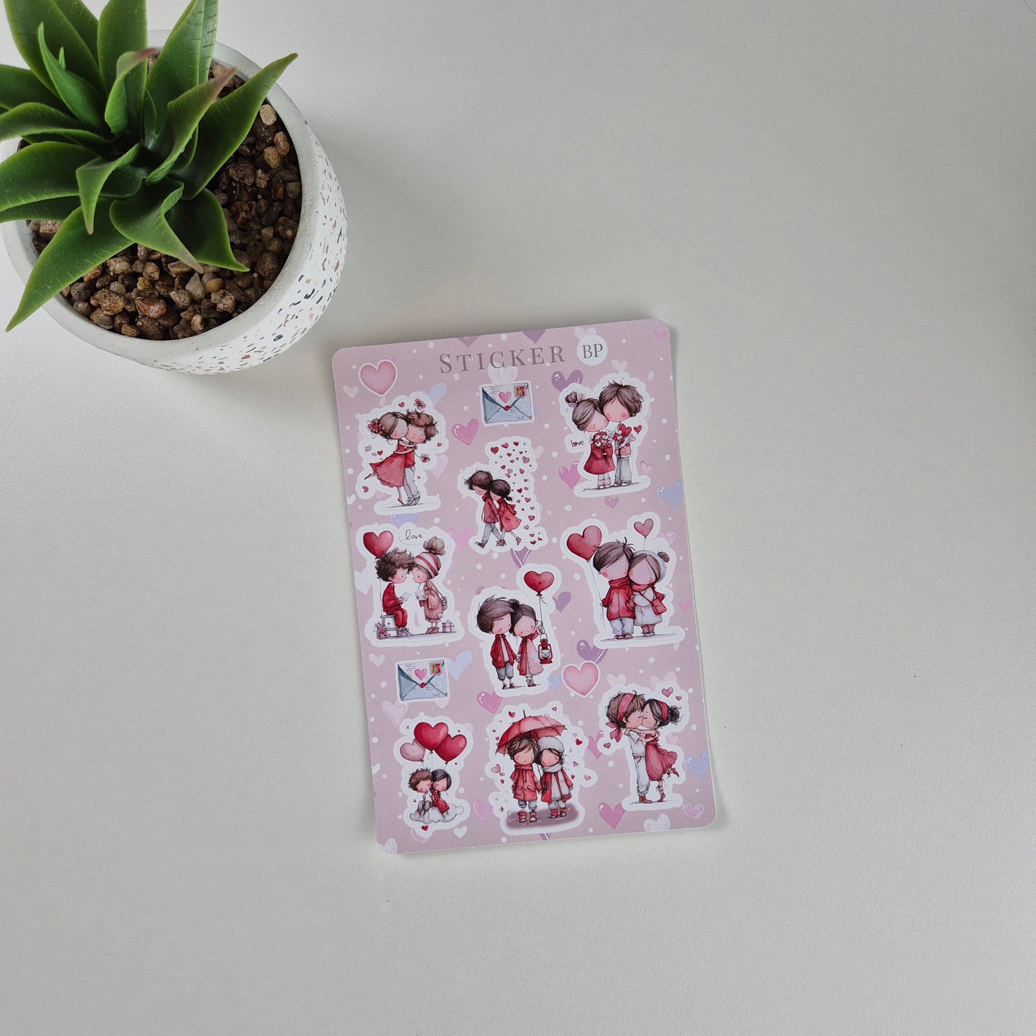 Valentinstag Stickerbogen Aquarell Pärchen und Herzen