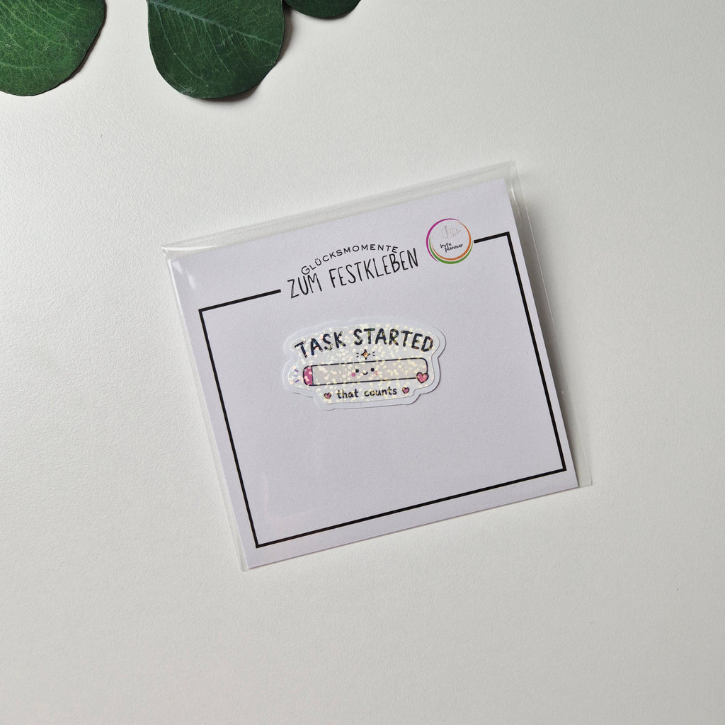Holografischer Motivationssticker „Task Started-that counts“ – Kawaii Aufkleber für Planer, Notizbuch & Laptop