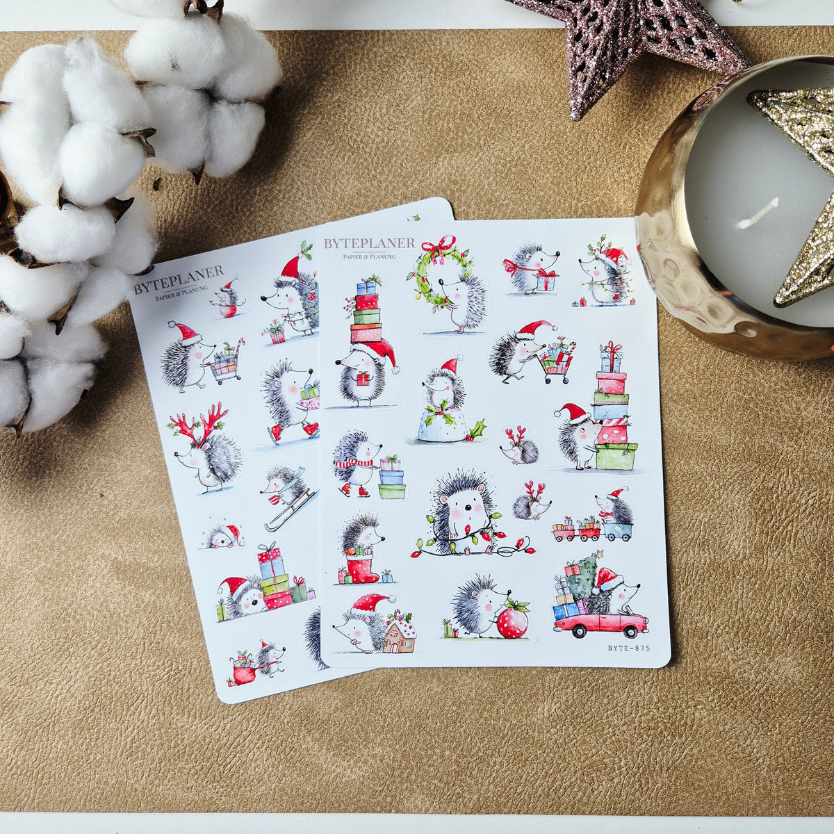 Weihnachtliche Igel-Sticker – 2 Stickerbögen für Planer, Bullet Journal & Scrapbooking | 13 × 17 cm