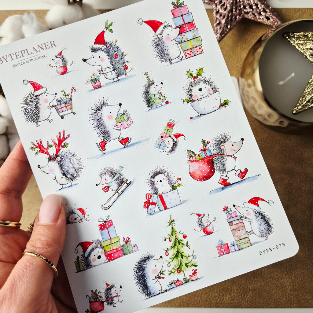 Weihnachtliche Igel-Sticker – 2 Stickerbögen für Planer, Bullet Journal & Scrapbooking | 13 × 17 cm