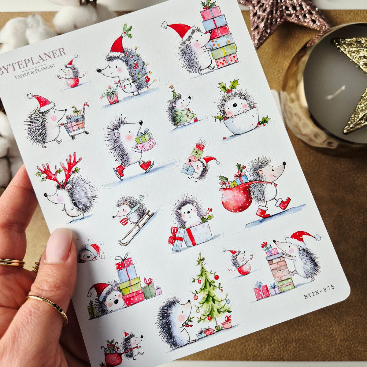 Weihnachtliche Igel-Sticker – 2 Stickerbögen für Planer, Bullet Journal & Scrapbooking | 13 × 17 cm