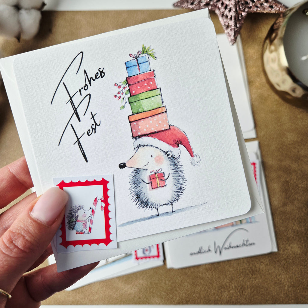 Weihnachtskarte Igel – quadratische Grußkarte mit Umschlag