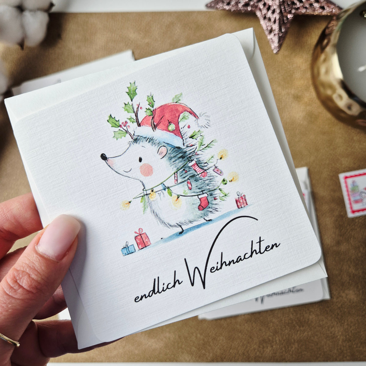 Weihnachtskarte Igel – quadratische Grußkarte mit Umschlag