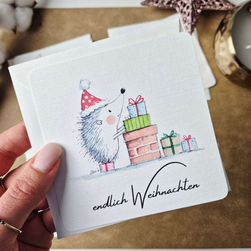 Weihnachtskarte Igel – quadratische Grußkarte mit Umschlag