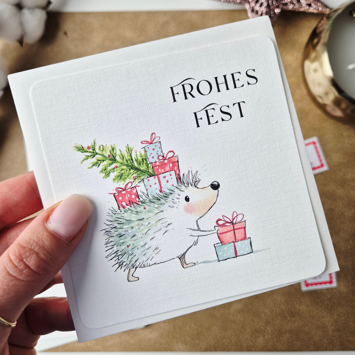 Weihnachtskarte Igel – quadratische Grußkarte mit Umschlag