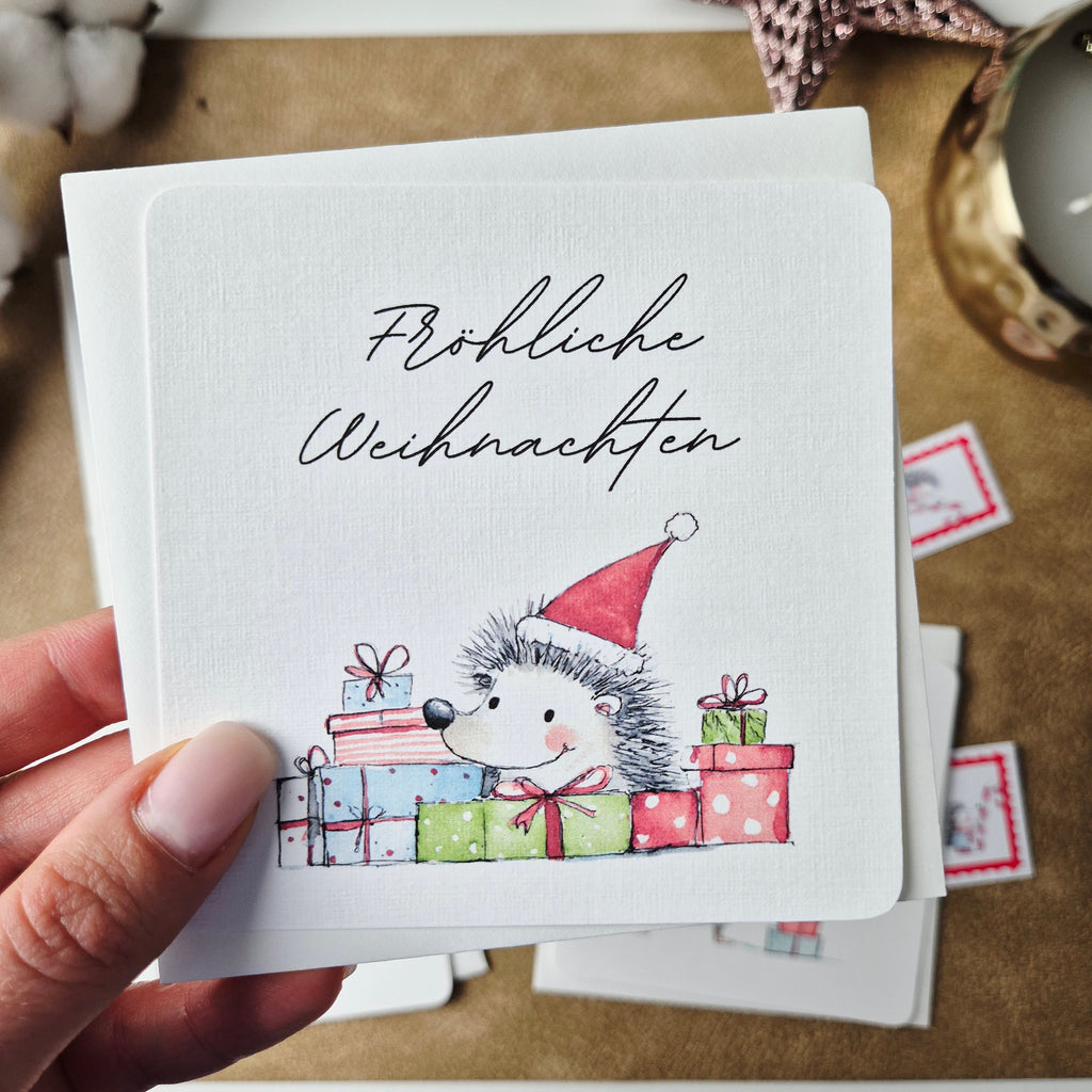 Weihnachtskarte Igel – quadratische Grußkarte mit Umschlag