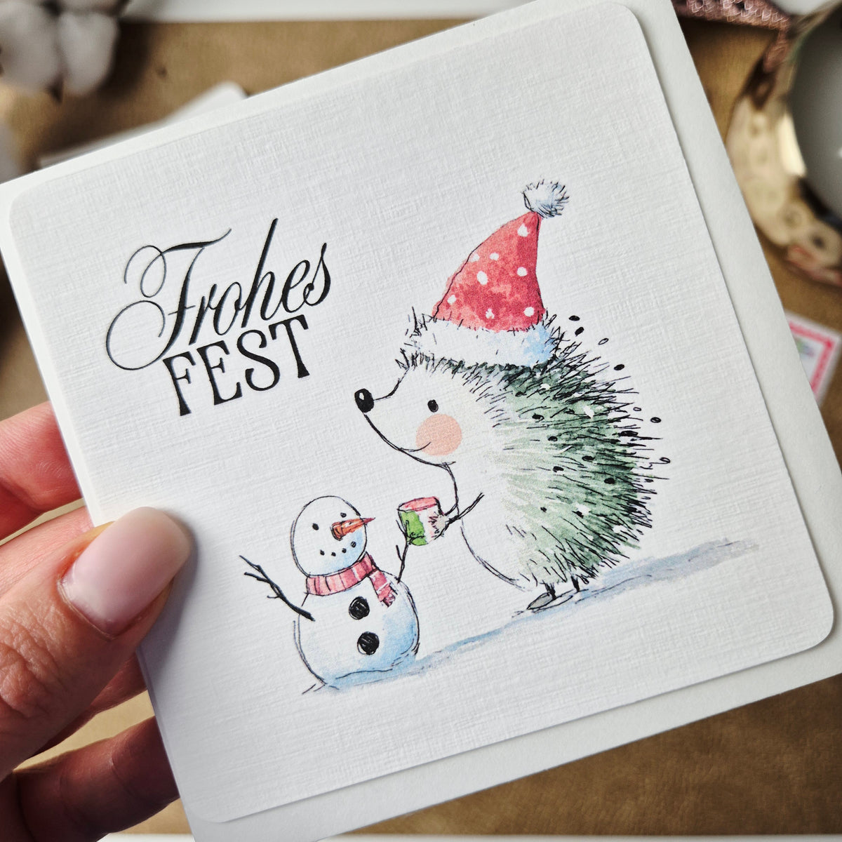 Weihnachtskarte Igel – quadratische Grußkarte mit Umschlag