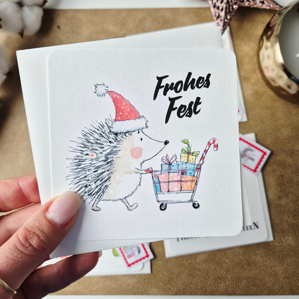 Weihnachtskarte Igel – quadratische Grußkarte mit Umschlag