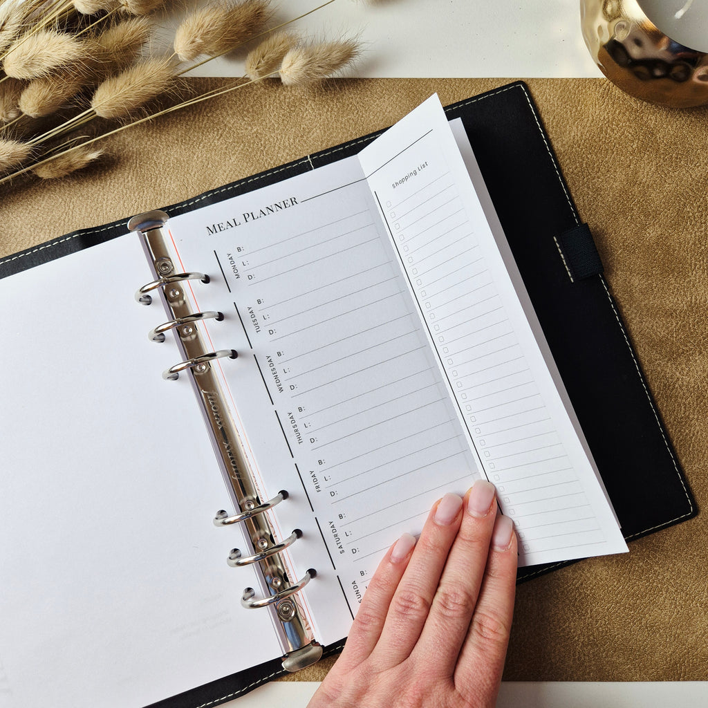 Meal Planner A5 – undatierte Menüplaner-Einlagen mit abtrennbarer Einkaufsliste