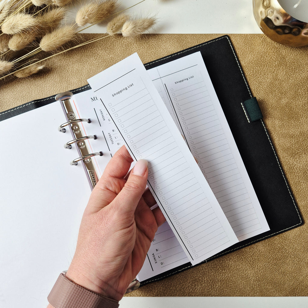 Meal Planner A5 – undatierte Menüplaner-Einlagen mit abtrennbarer Einkaufsliste