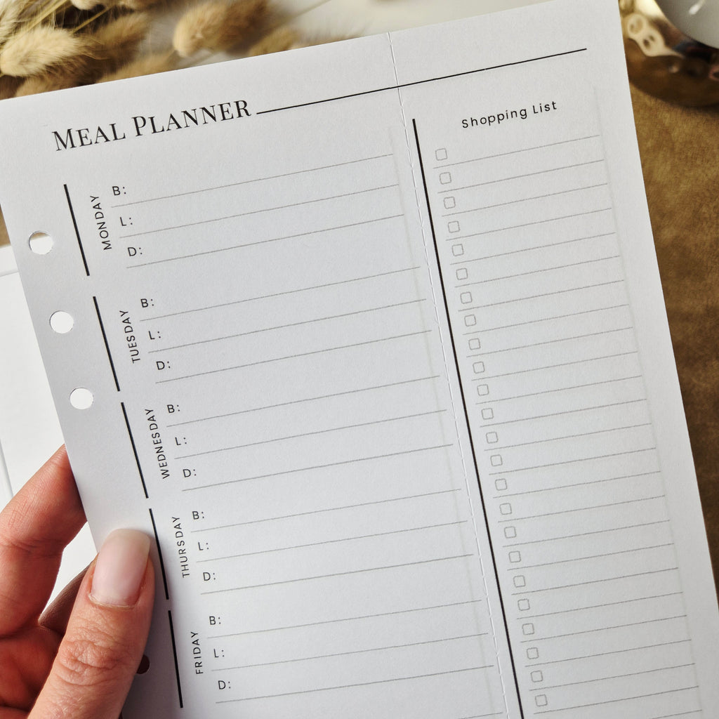 Meal Planner A5 – undatierte Menüplaner-Einlagen mit abtrennbarer Einkaufsliste