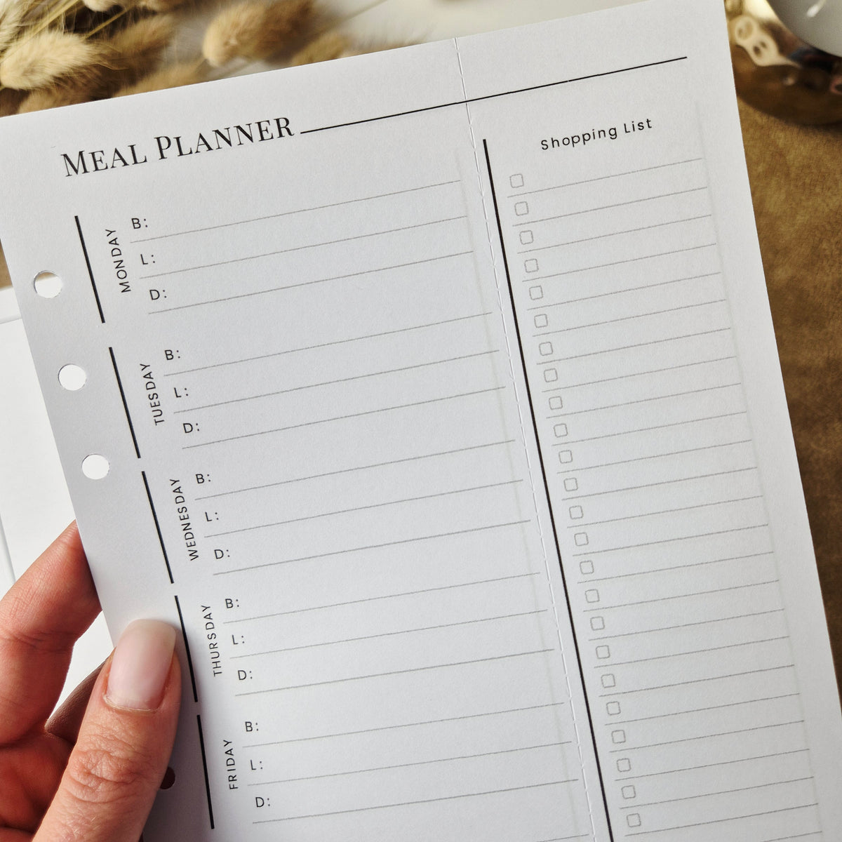 Meal Planner A5 – undatierte Menüplaner-Einlagen mit abtrennbarer Einkaufsliste