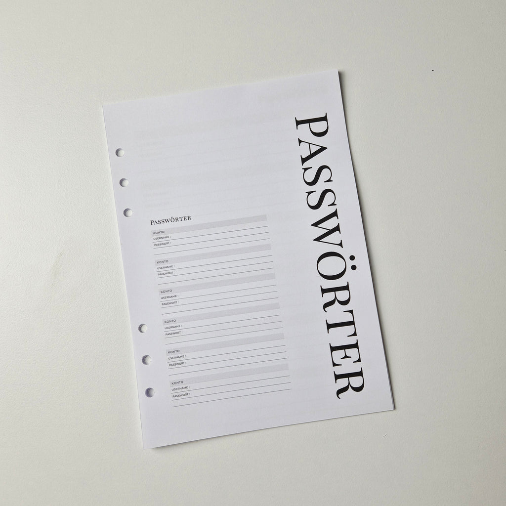 Passwort-Einlagen für Ringplaner – minimalistisch