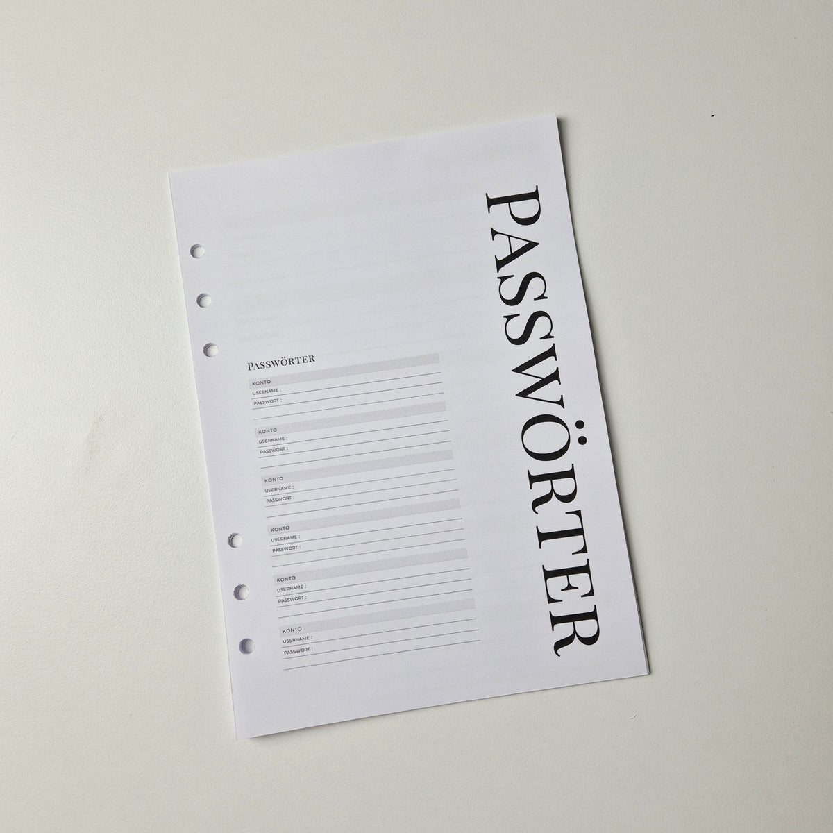 Passwort-Einlagen für Ringplaner – minimalistisch