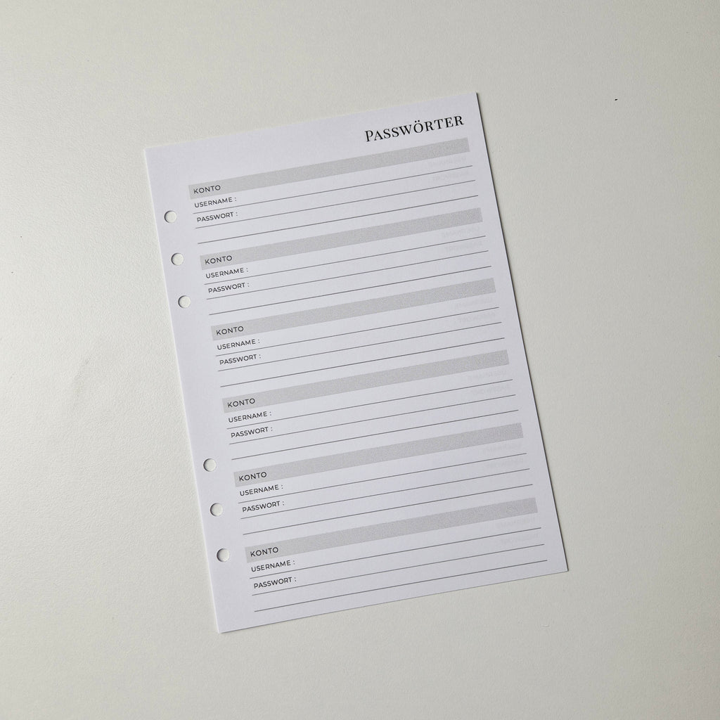 Passwort-Einlagen für Ringplaner – minimalistisch