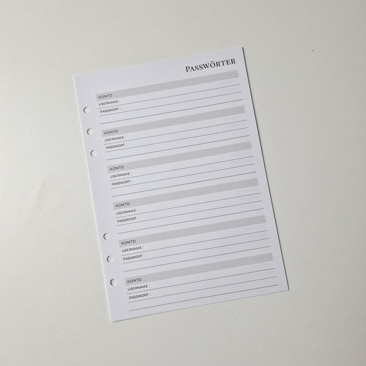 Passwort-Einlagen für Ringplaner – minimalistisch