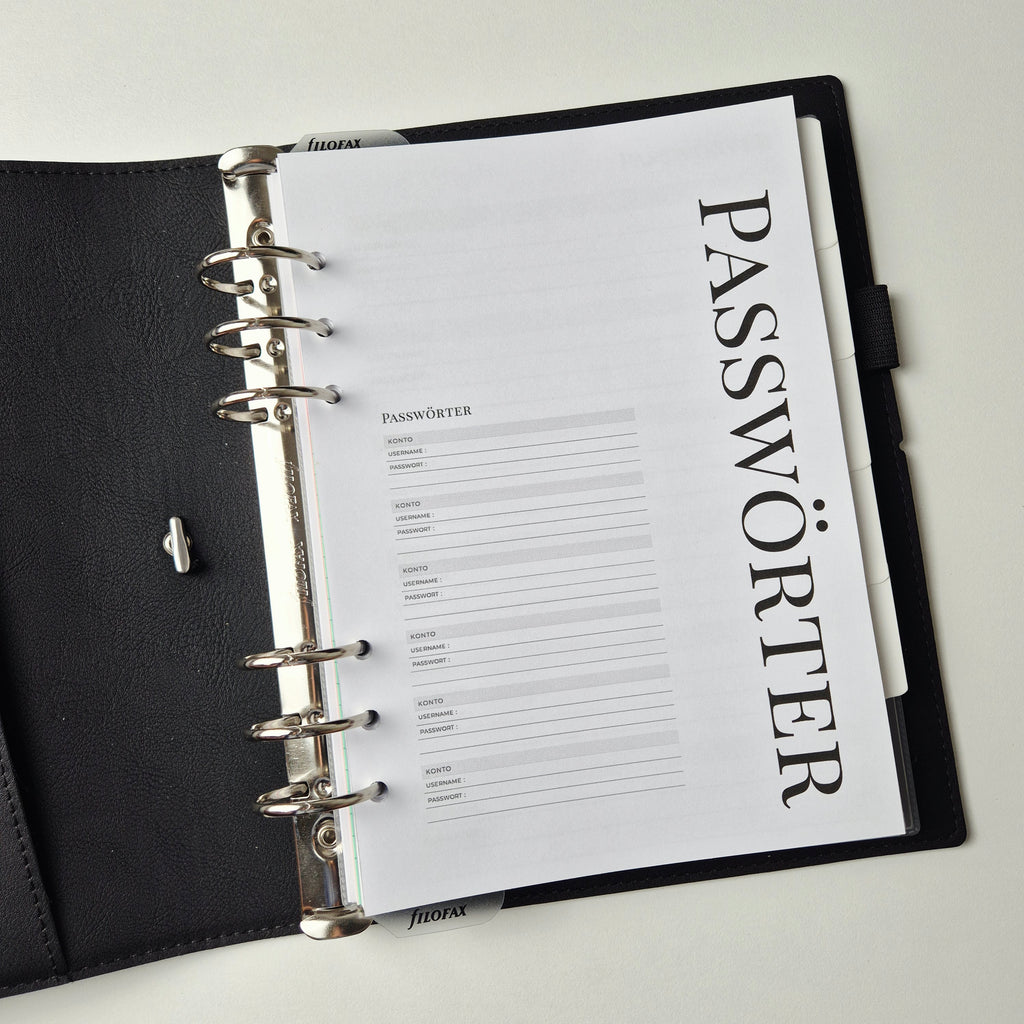 Passwort-Einlagen für Ringplaner – minimalistisch