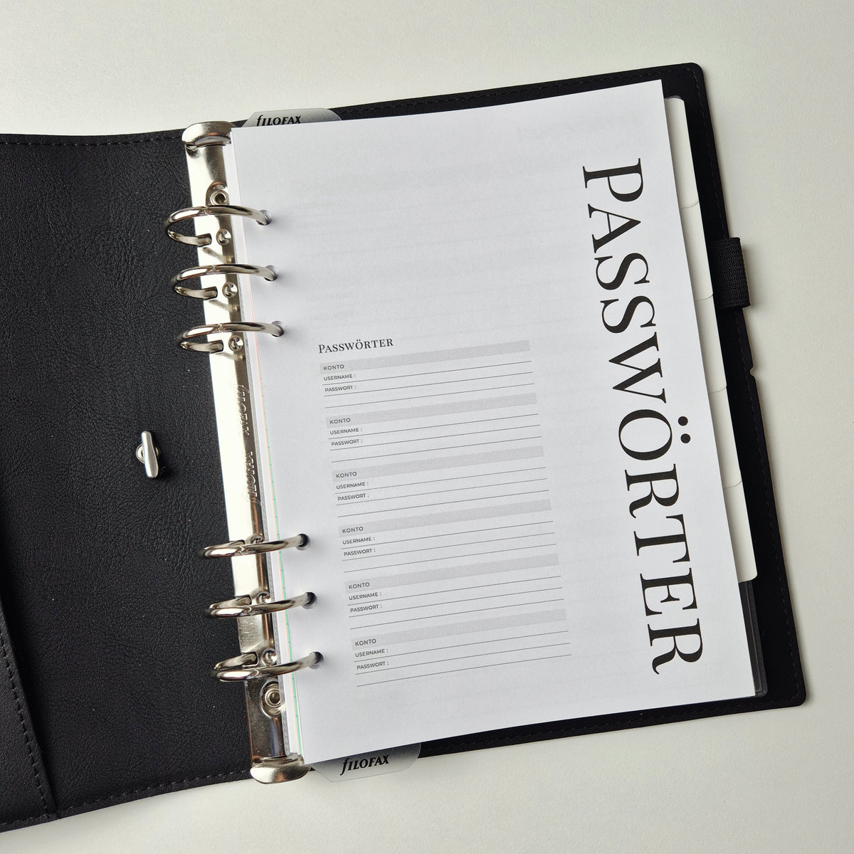 Passwort-Einlagen für Ringplaner – minimalistisch