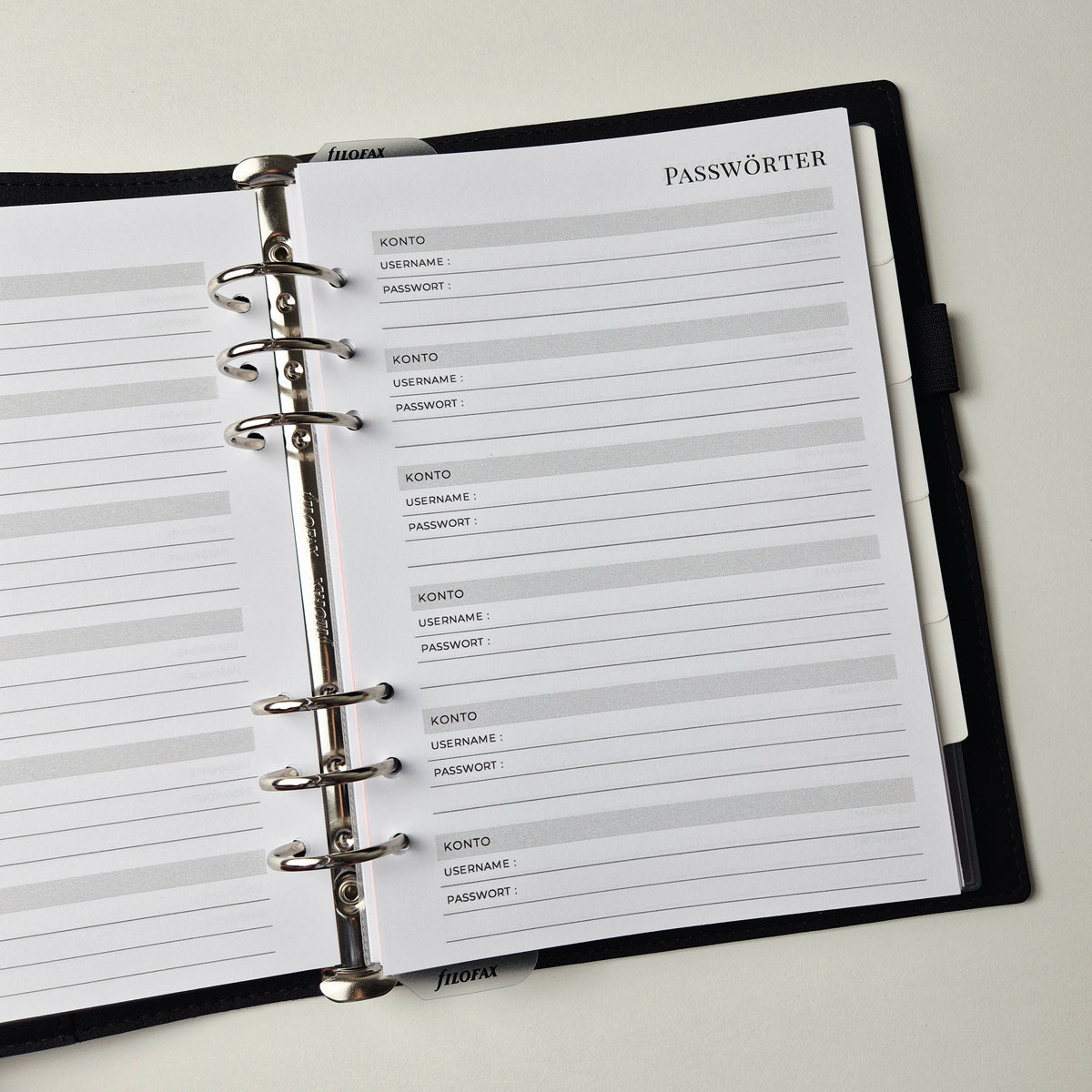 Passwort-Einlagen für Ringplaner – minimalistisch