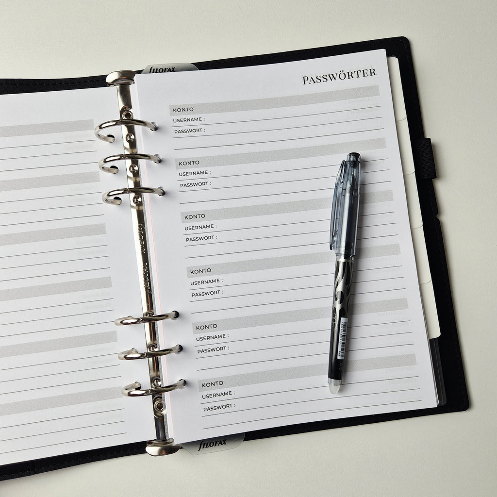 Passwort-Einlagen für Ringplaner – minimalistisch