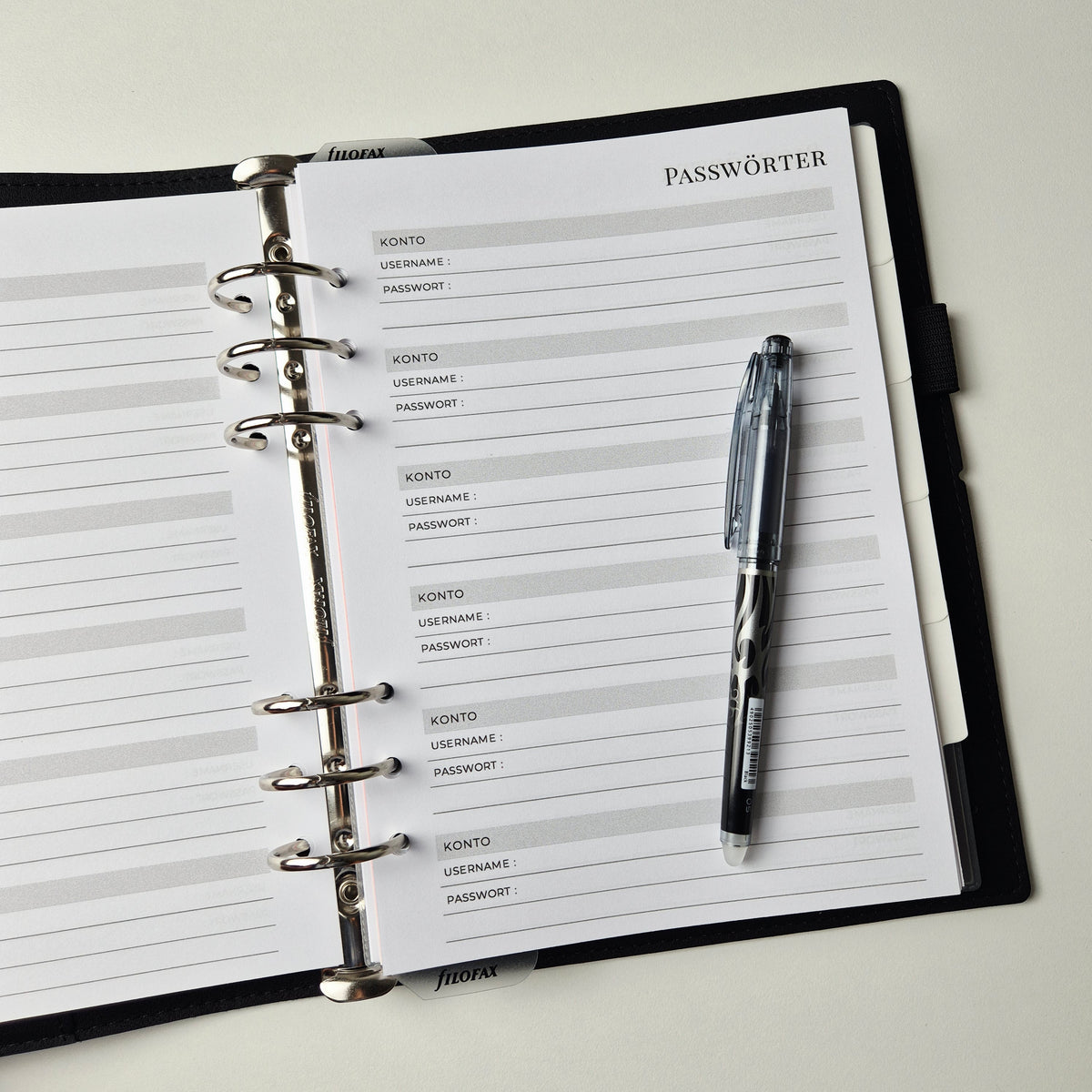 Passwort-Einlagen für Ringplaner – minimalistisch