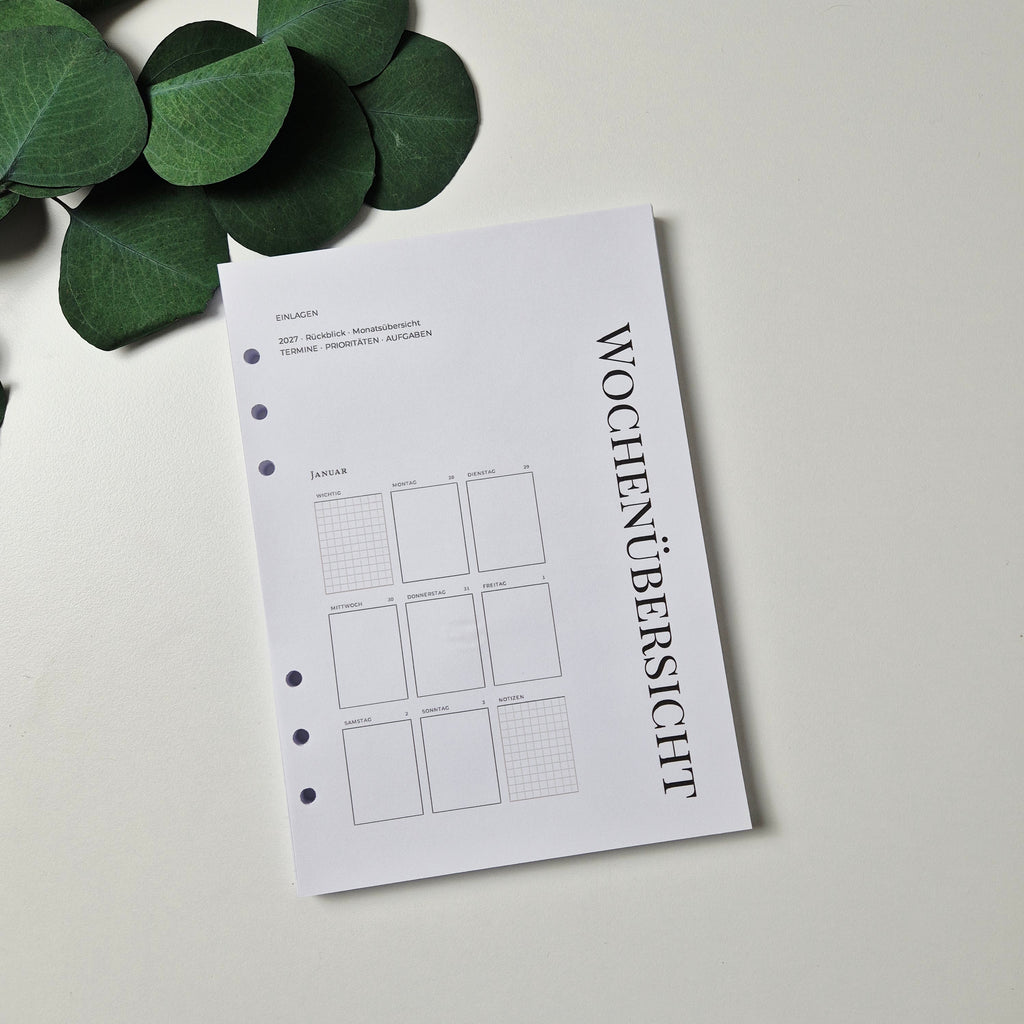 A5 Kalendereinlagen 2027 – Wochenplaner mit Notizen, Monatsplanung & Rückblick
