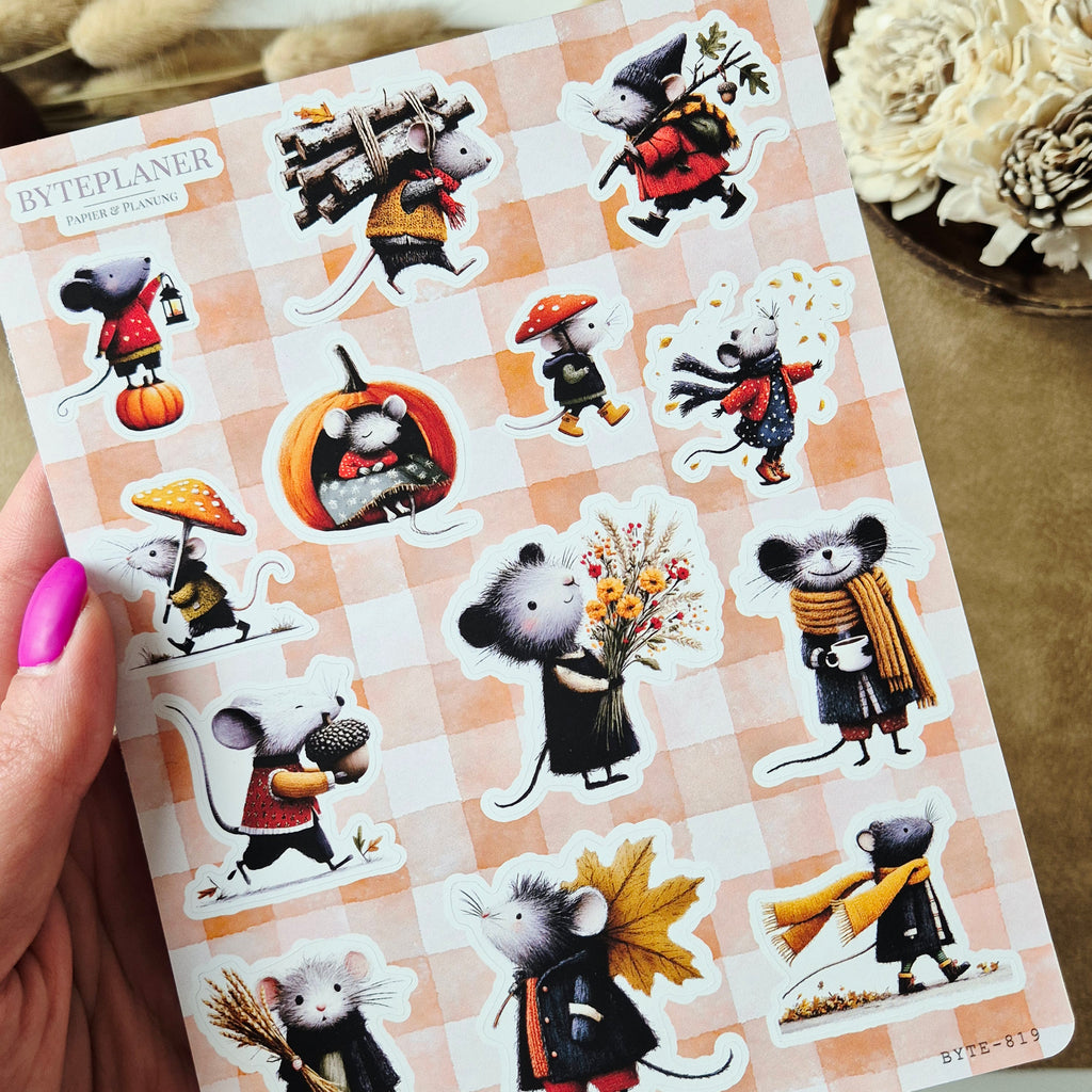Herbstliche Mäuse Sticker – 2 Stickerbögen in Aquarelloptik für Planer, Bullet Journal & Scrapbooking