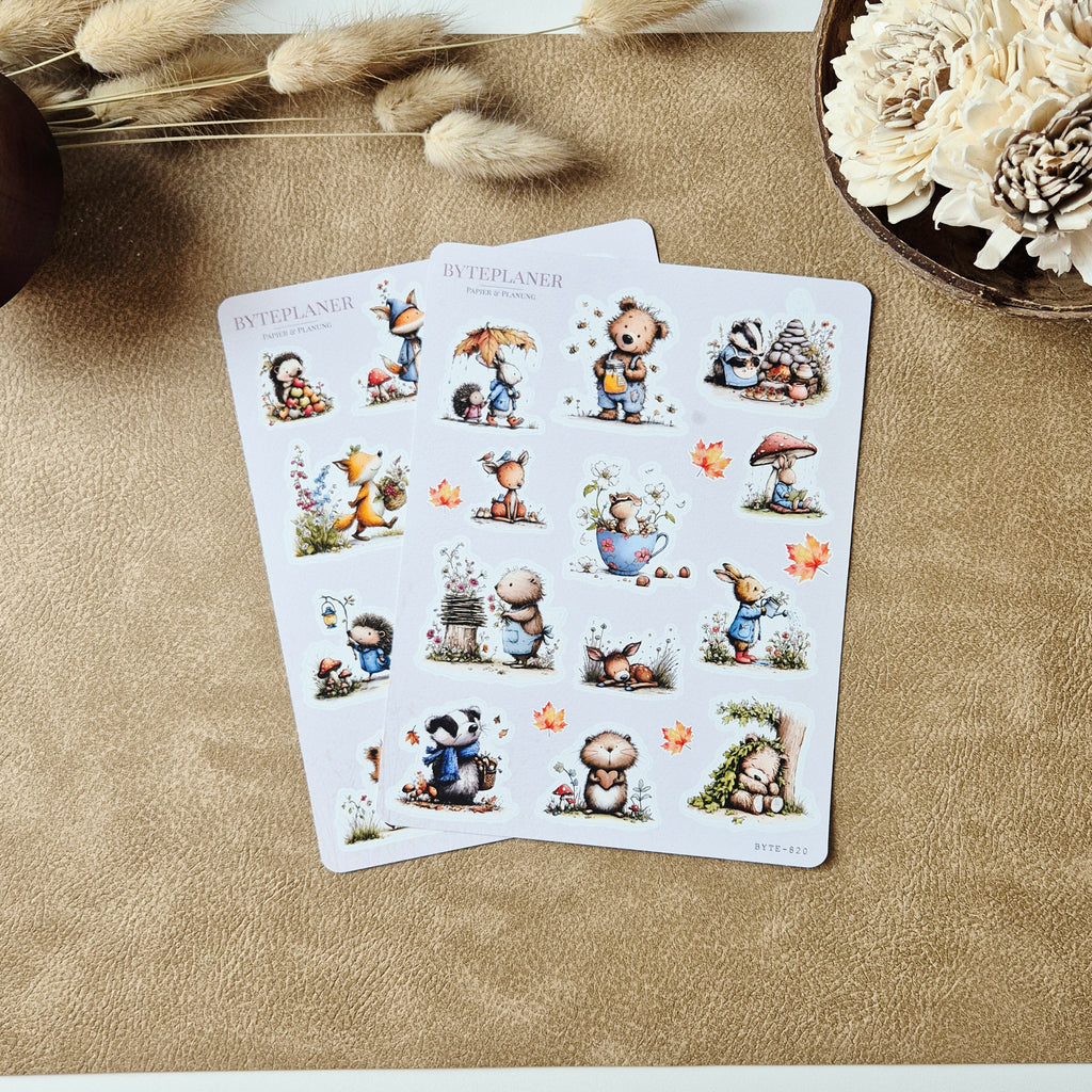 Waldtier Stickerbogen 2er-Set – Herbst Sticker für Planer & Bullet Journal