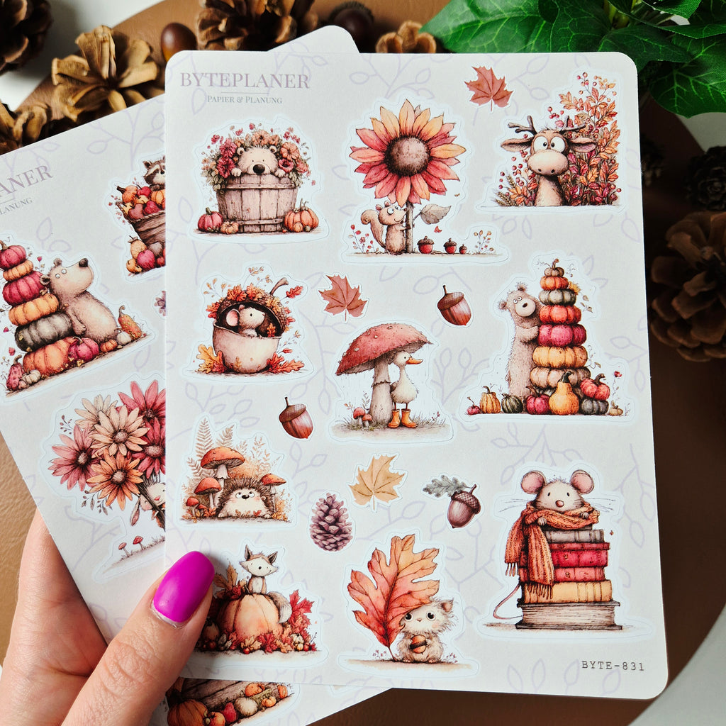 Herbst Sticker Set – niedliche Waldtiere, Kürbisse und Blätter, 2 Stickerbögen für Planer & Bullet Journal